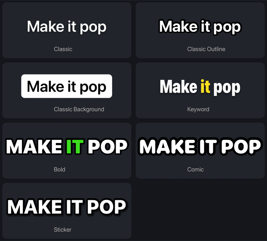 Caption style choices in the editor